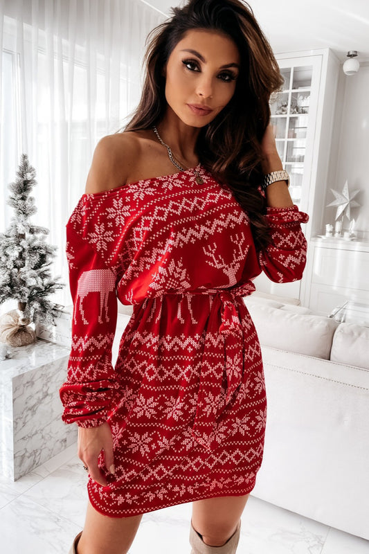 Print Long Sleeve Tie Waist Casual Mini Dress