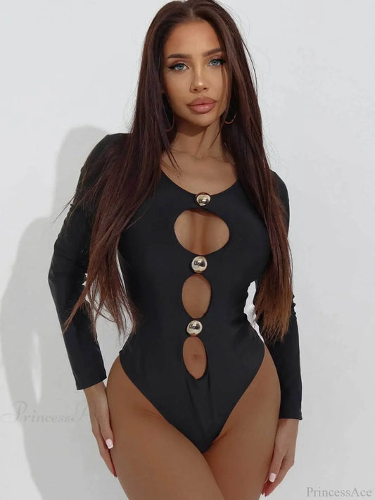 Black Hollow Button One Piece Swimsuit Black / S onepiece-250223