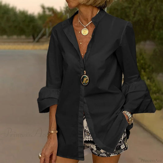 Blouse Office Arm - V Button Women’s Flare Up White Neck Black / S