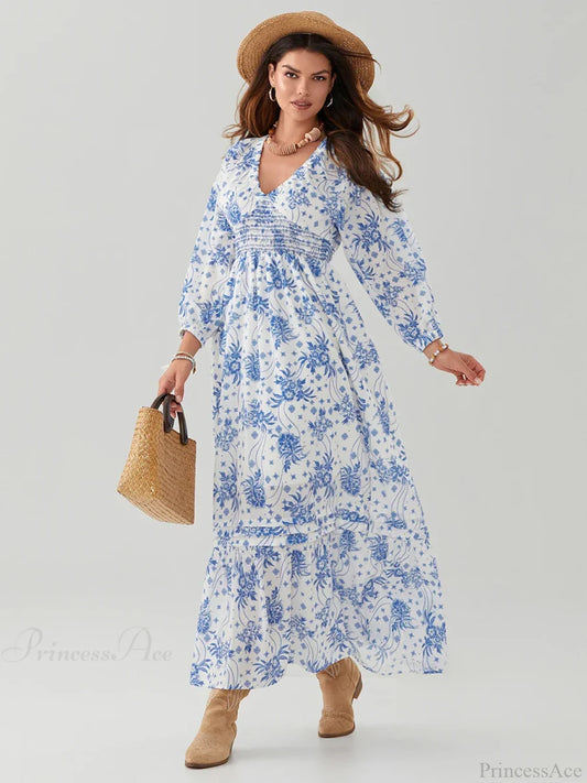 Bohemian Floral Print Puff Sleeve Swing Floral Dress floraldress-250126