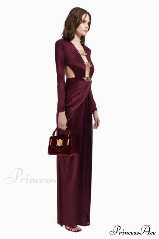 Buckle Detailed Stylish Draped Maxi Dress