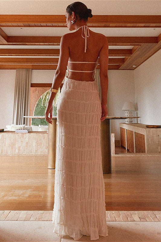 Backless Ruched Pleated Maxi Dress