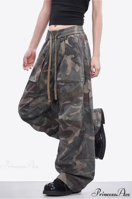 Camo High Waist Wide Leg Cargo Pants Green / M