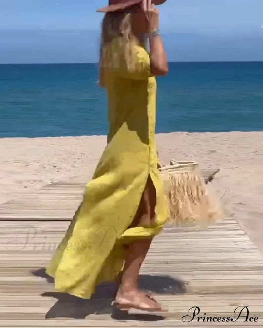 Casual Dress With Slit - Solid Color Dresses