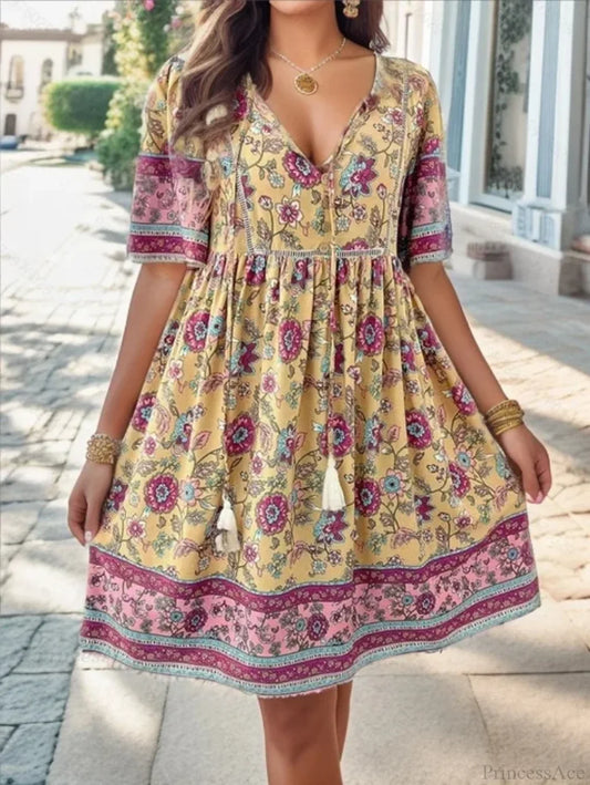 Casual Holiday Floral Print V-neck Short Sleeve Sundress Beige / S oldfloraldress-250126