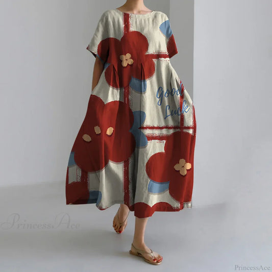 Casual Round Neck Floral Print Loose Long Summer Dress red1 / S oldfloraldress-250126