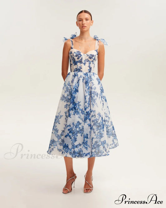 Charming Blue Hydrangea-Patterned Organza Graceful Midi Dress, Garden Of Eden