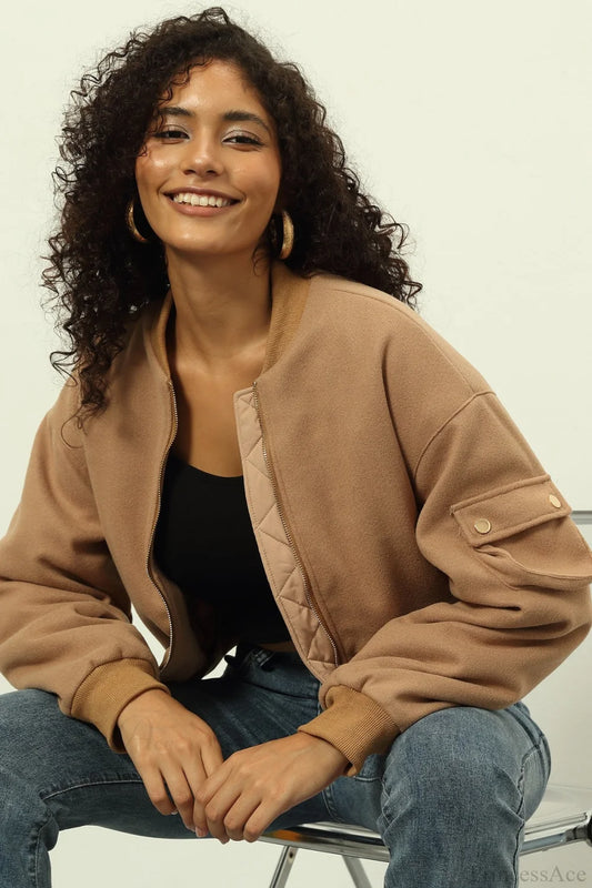 Chic Casual Quilted Wool Bomber Jacket Khaki / XS