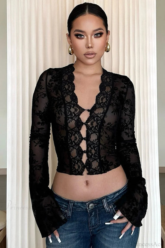 Chic Leopard Print Mesh Lace Trim Blouse Black / XS