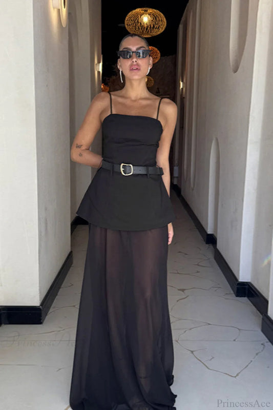 Chic Mesh Cami Panel Slim Maxi Dress Black / S