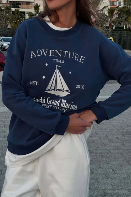 Chic Printed Crew Neck Oversized Long Sleeve Sweatshirt