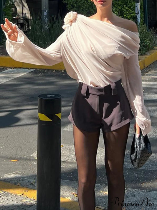 Chiffon Semi-Sheer One Trendy Shoulder Asymmetrical Top Shirts