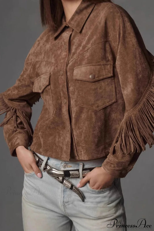 Collared Microsuede Tassel Long Sleeve Coat Brown / S