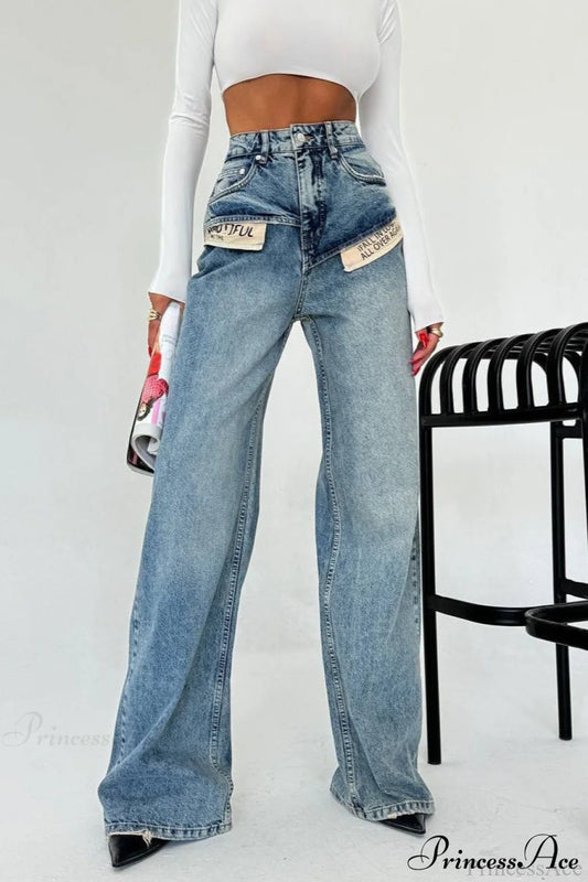 Color Block High Waist Slim Fit Straight Wide Leg Jeans Blue / S