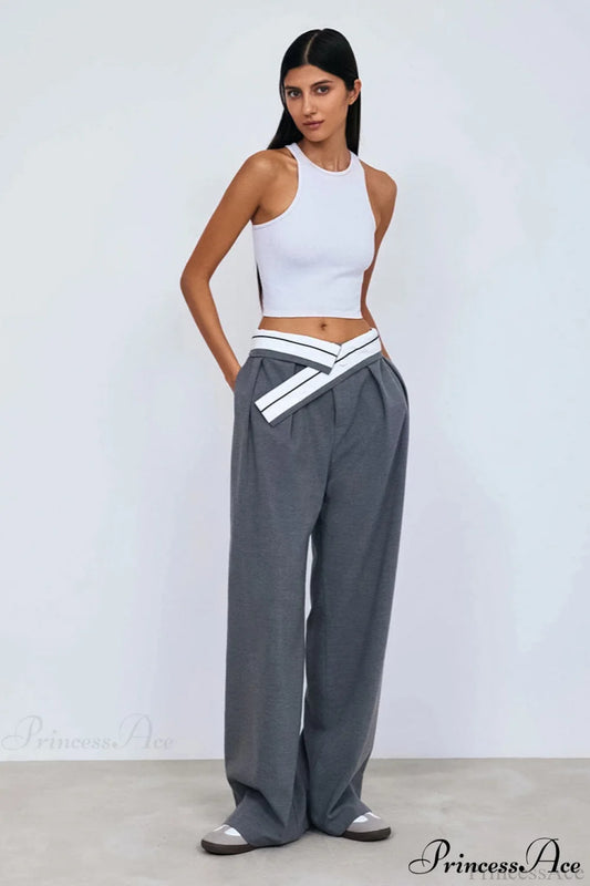 Color Block Wide Leg Tailored Pants Grey / S