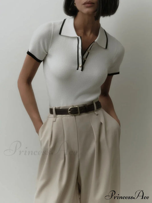 Contrast Trim Metal Trendy Button Knit Top Sweaters-L