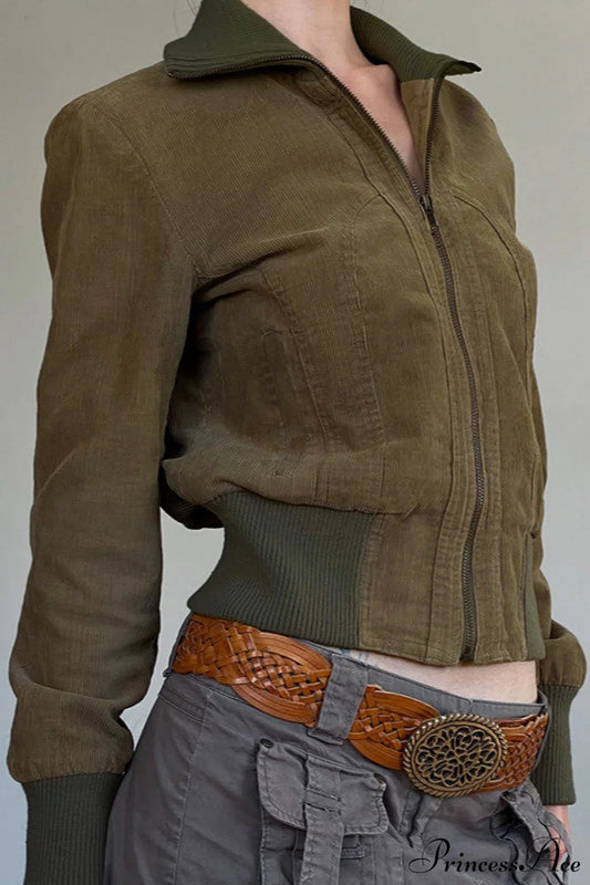 Corduroy Solid Pocket Fitted Utility Jacket Brown / S