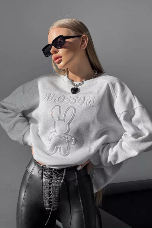 Crew Neck Chic Oversized Embossed Rabbit Sweatshirt White / S