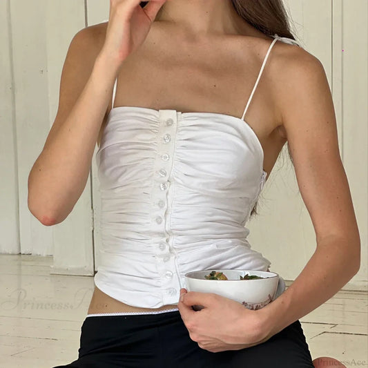 Cutest Backless Summer White Tank Vintage Buttons Ruched Tie-Up Y2K Crop Top WHITE / S croptop-250126