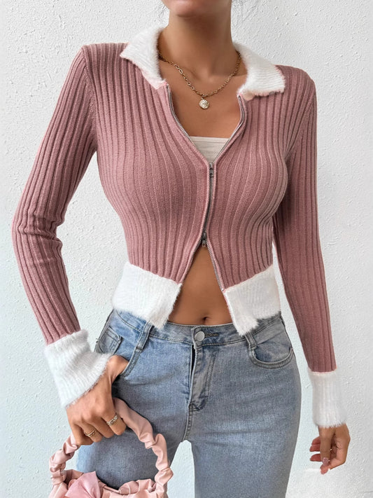Zip-Front Fitted Knit Cardigan