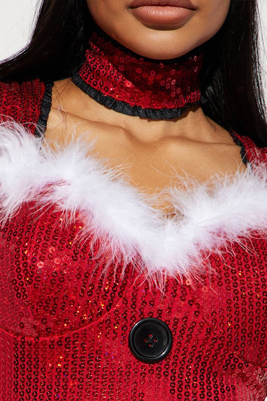 Sequined Spaghetti Strap Button Waist-Cinched Fuzzy Party Dress