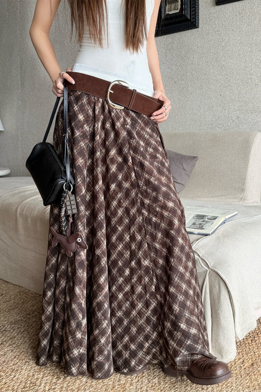 Plaid Vintage Earthy Tones High Waist Flowy Midi Skirt