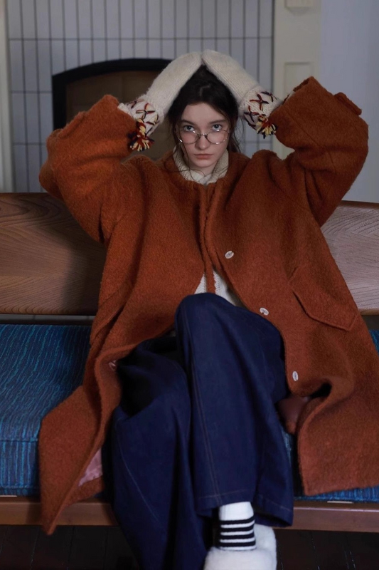 Bow Tie Waist Loose Slim Wool Blend Outerwear