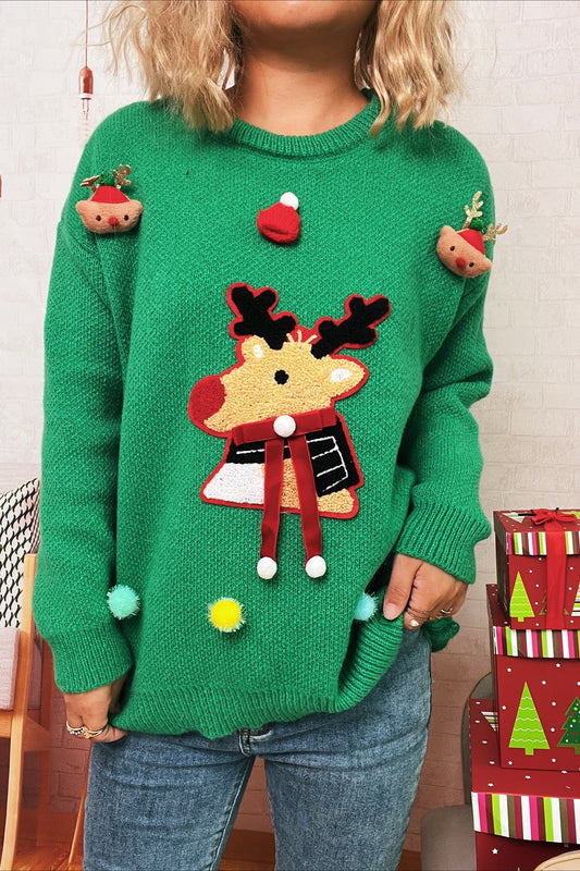 Cartoon Deer Knit Crew Patchwork Sweater