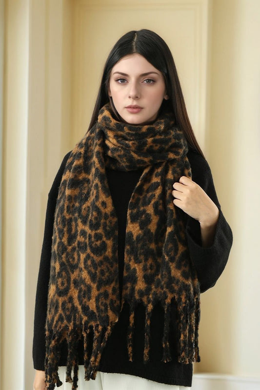 Faux Cashmere Leopard Print Thick Fringed Scarf