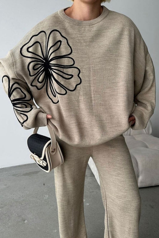 Casual Round Neck Knit Sweater with Pants Two Piece Pants Set