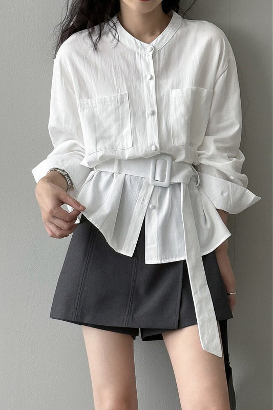 Vintage Waist Cinched Belted Long Sleeve Blouse