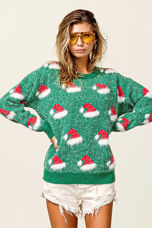 Color Block Santa Hat Fuzzy Embroidered Sweater