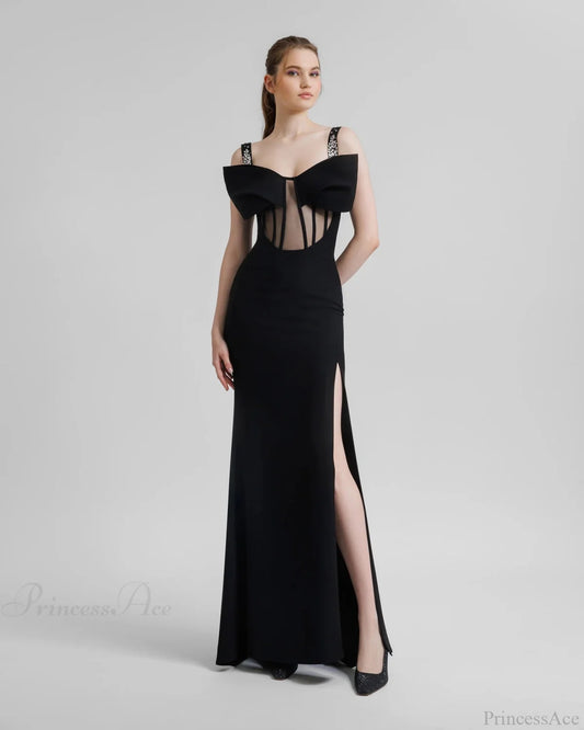 Diamond Strap Bow Slit Elegant Prom Dress 黑色 / XS promdress-250223