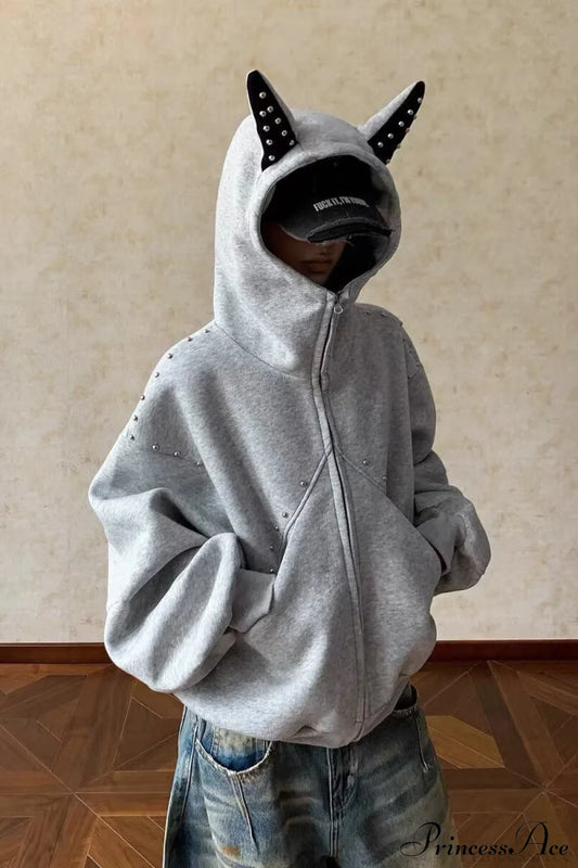 Doberman Ear Trimmed Rivet Patchwork Cropped Zip Hoodie