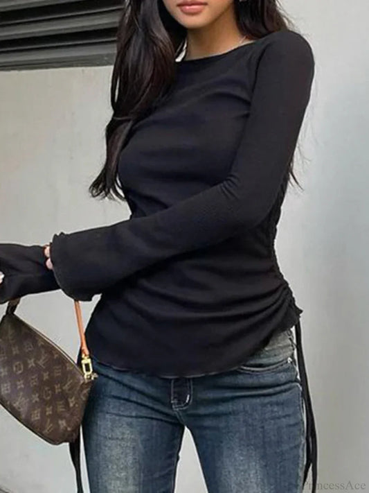 Drawstring Folds Solid Slim O-Neck Long Sleeve Knit Top Black / S knittop-250126
