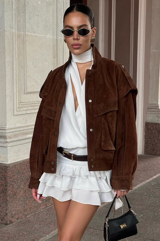 Wide Shoulder Suede Pocket Jacket