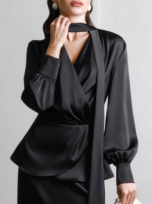 V-Neck Tie Slim Fit Blouse