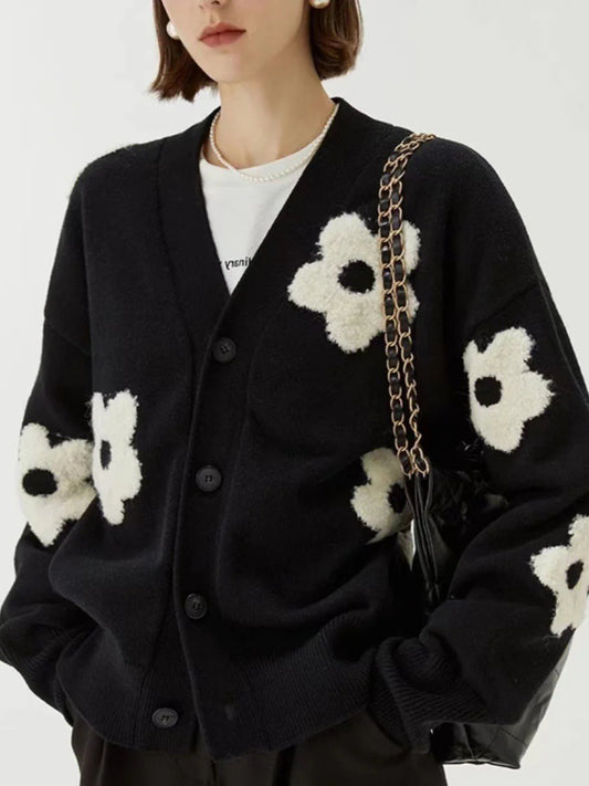 Jacquard Knit V-Neck Cardigan