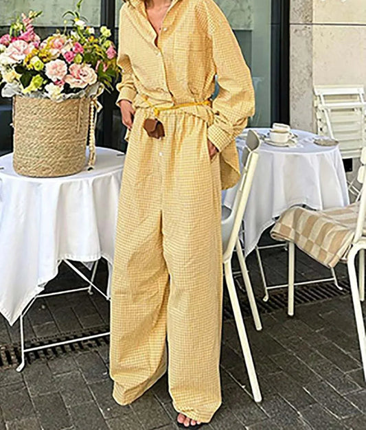 Yellow Print Pockets Button Pants Office Two Piece Set