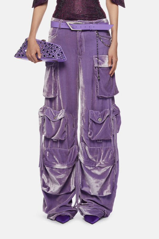 High-Waisted Velvet Straight Cargo Pant