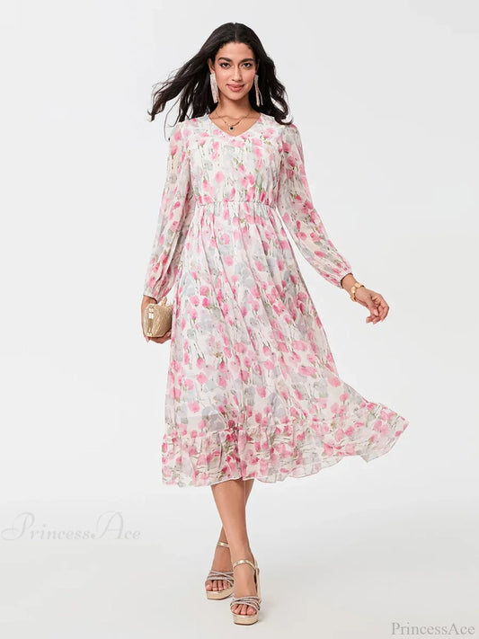 Elegant Floral Flowing Long Sleeve A-Line Floral Dress Pink / S floraldress-250126