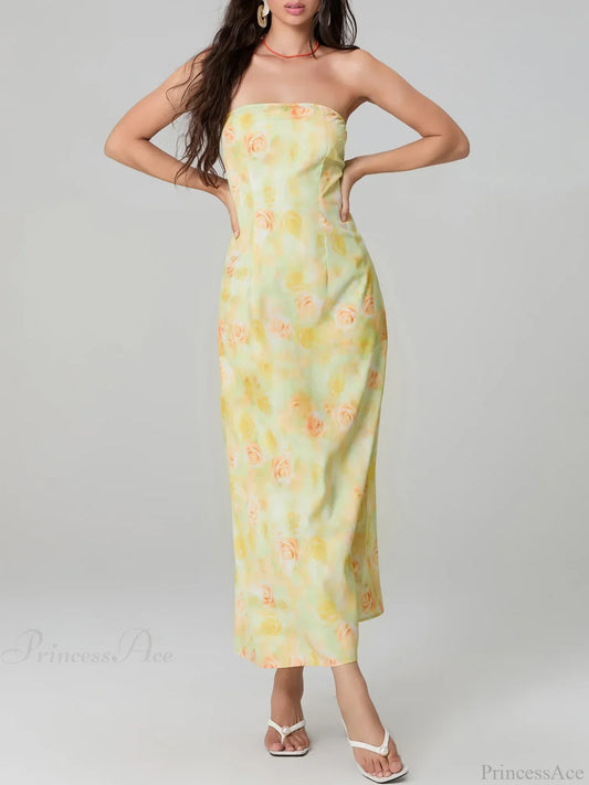 Elegant Floral Print Tube Backless Off-Shoulder Evening Gown Party Dress Yellow / S floraldress-250126