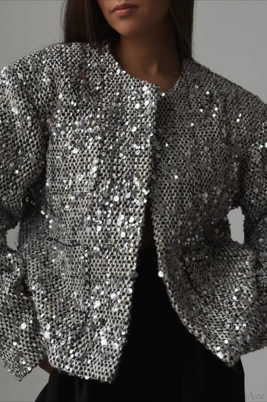 Elegant Luxurious Tweed Sequin Jacket Silver / XS