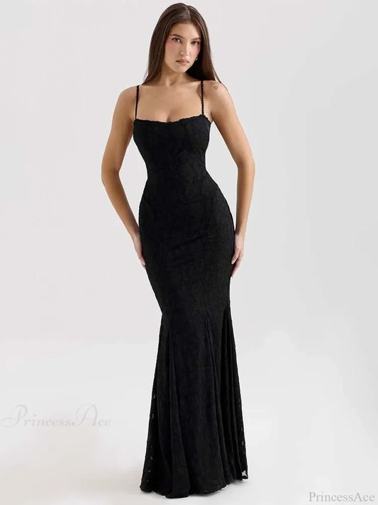 Elegant Maxi Mermaid Spaghetti Strap Dress Black / S vacationdress-250223