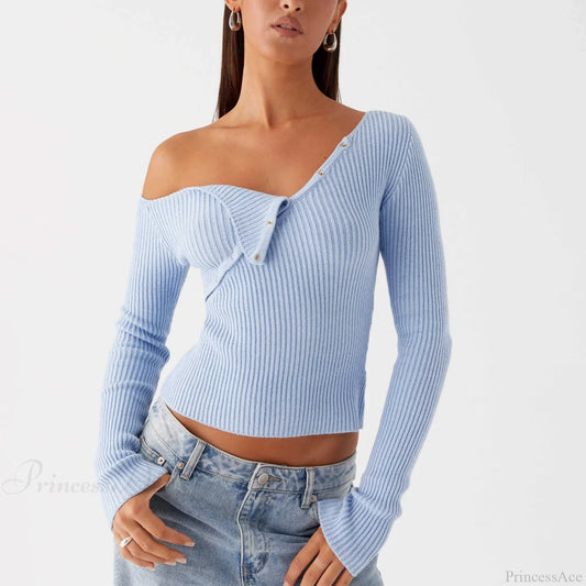 Elegant Off Shoulder Ribbed Solid Crop Slim Fit Knit Top Blue / S knittop-250126