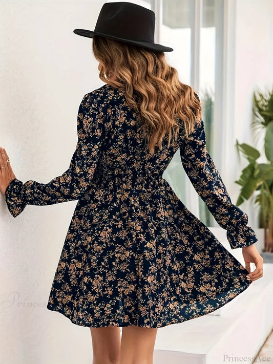 Elegant Spring Autumn Floral Print A-line Floral Dress oldfloraldress-250126