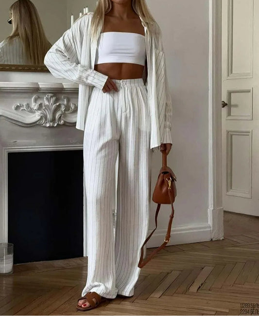 White Cotton Pockets Button Office Two Piece Set