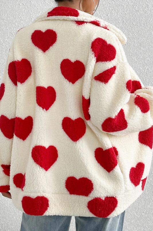 Fuzzy Heart Print Oversized Long Sleeve Zip Outerwear