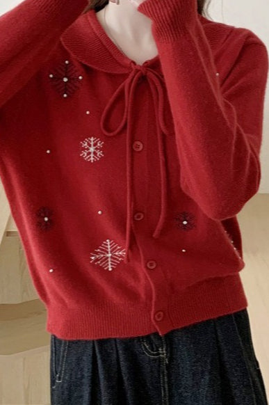 Beaded Snowflake Tie Collar Cardigan
