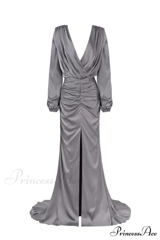 Fancy Silver Silk Charming Maxi Evening Dress